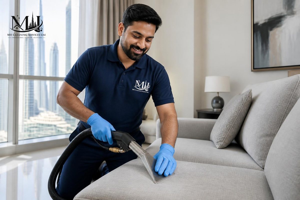 Illustration of an MH Cleaning technician cleaning a sofa