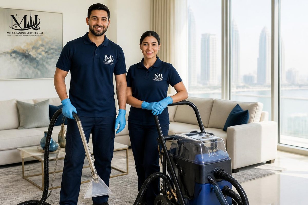 Illustration of two MH Cleaning technicians with professional equipment